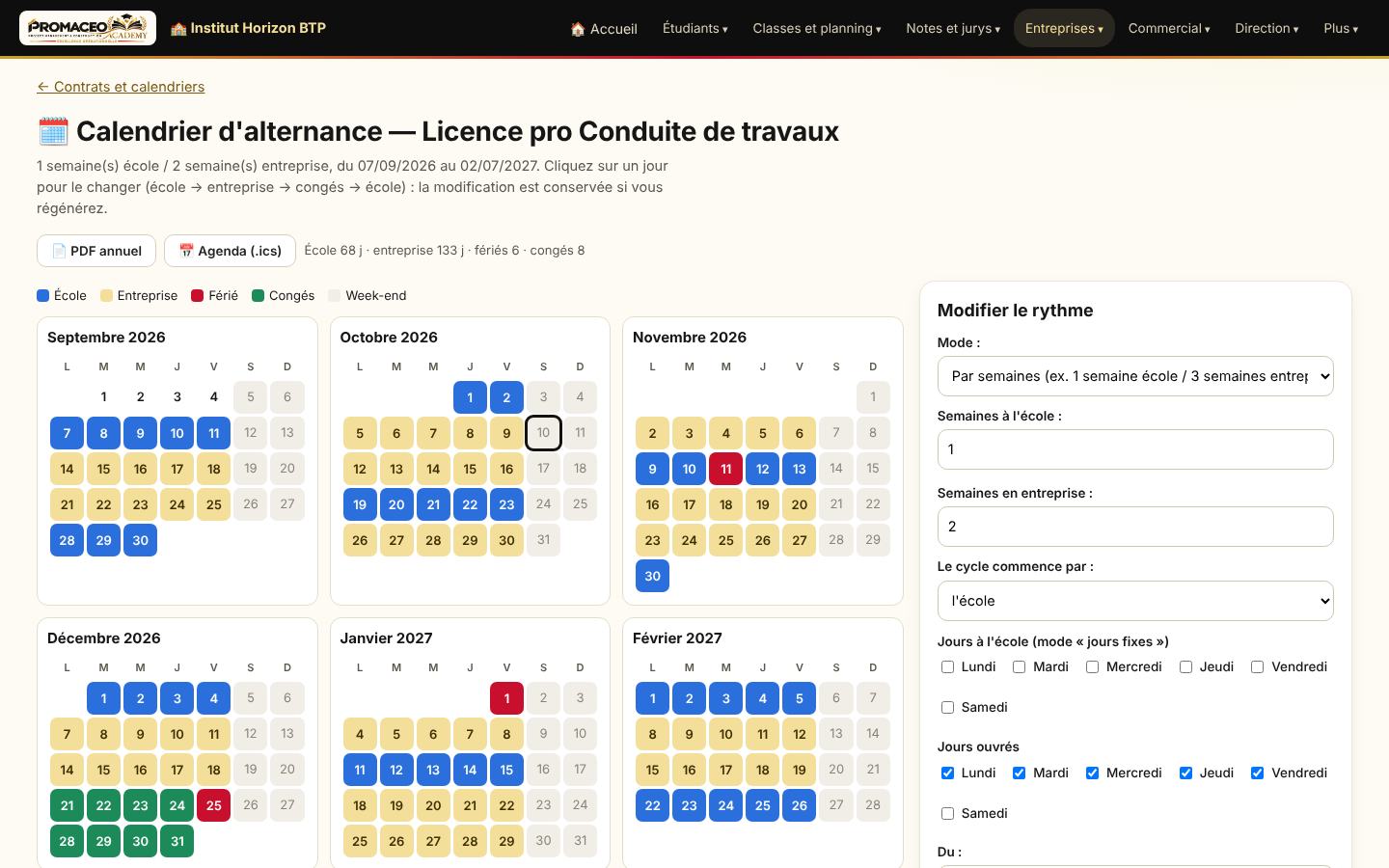 Capture d'écran : Apprentissage : contrats et calendrier d'alternance