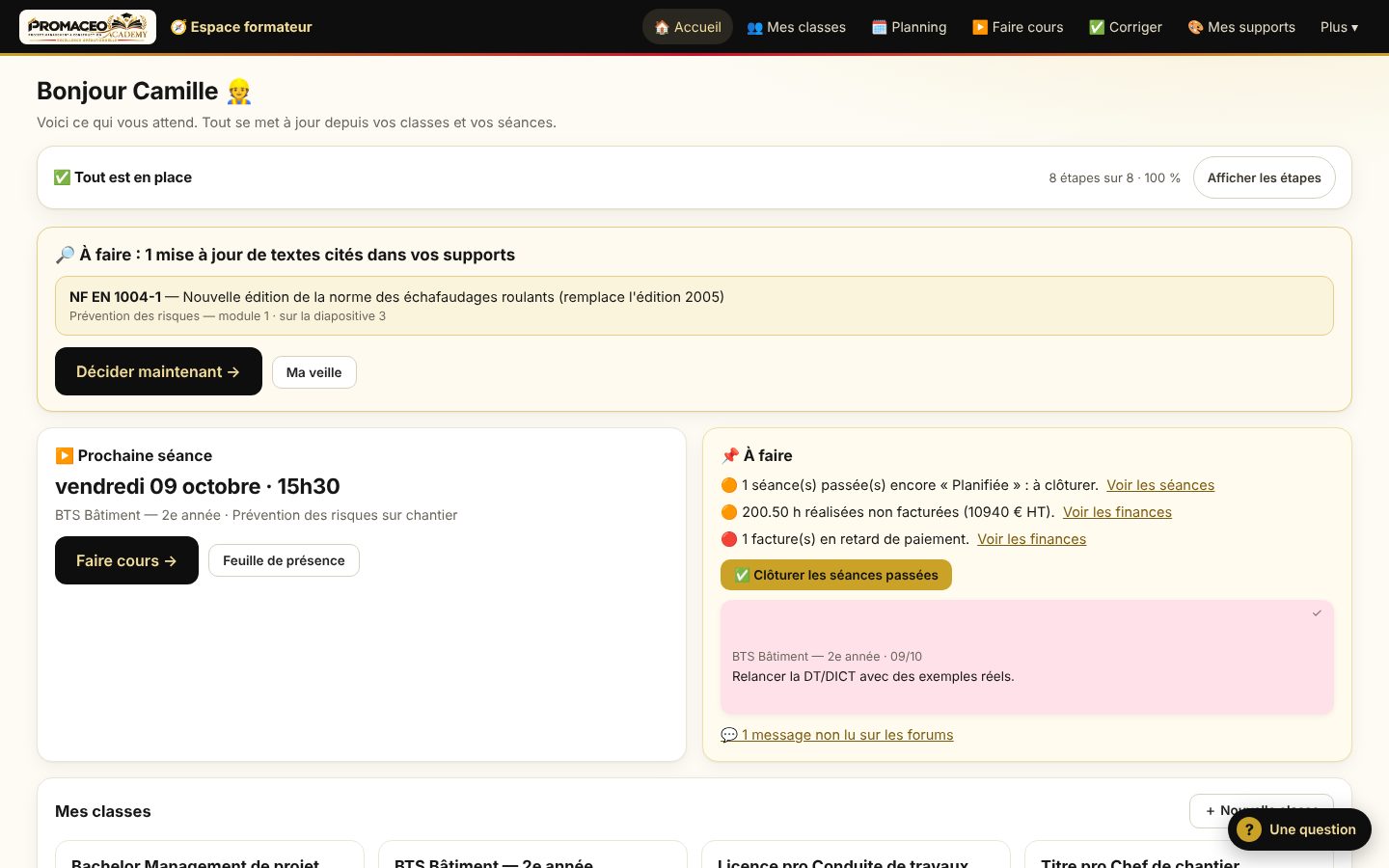 Capture : tableau de bord du formateur avec ses classes, ses heures et ses alertes