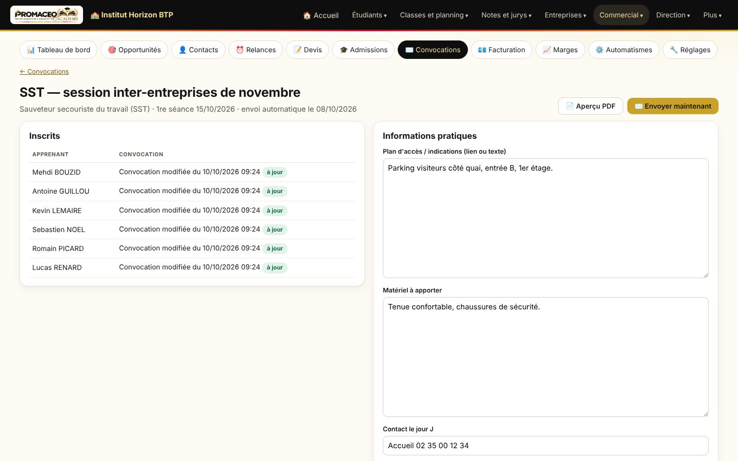 Capture d'écran : Convocations automatiques