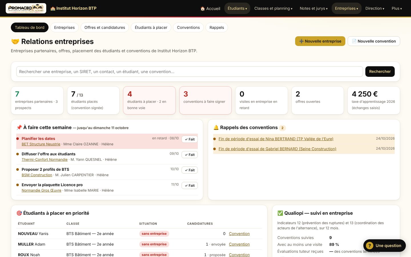 Capture d'écran : Entreprises et tuteurs