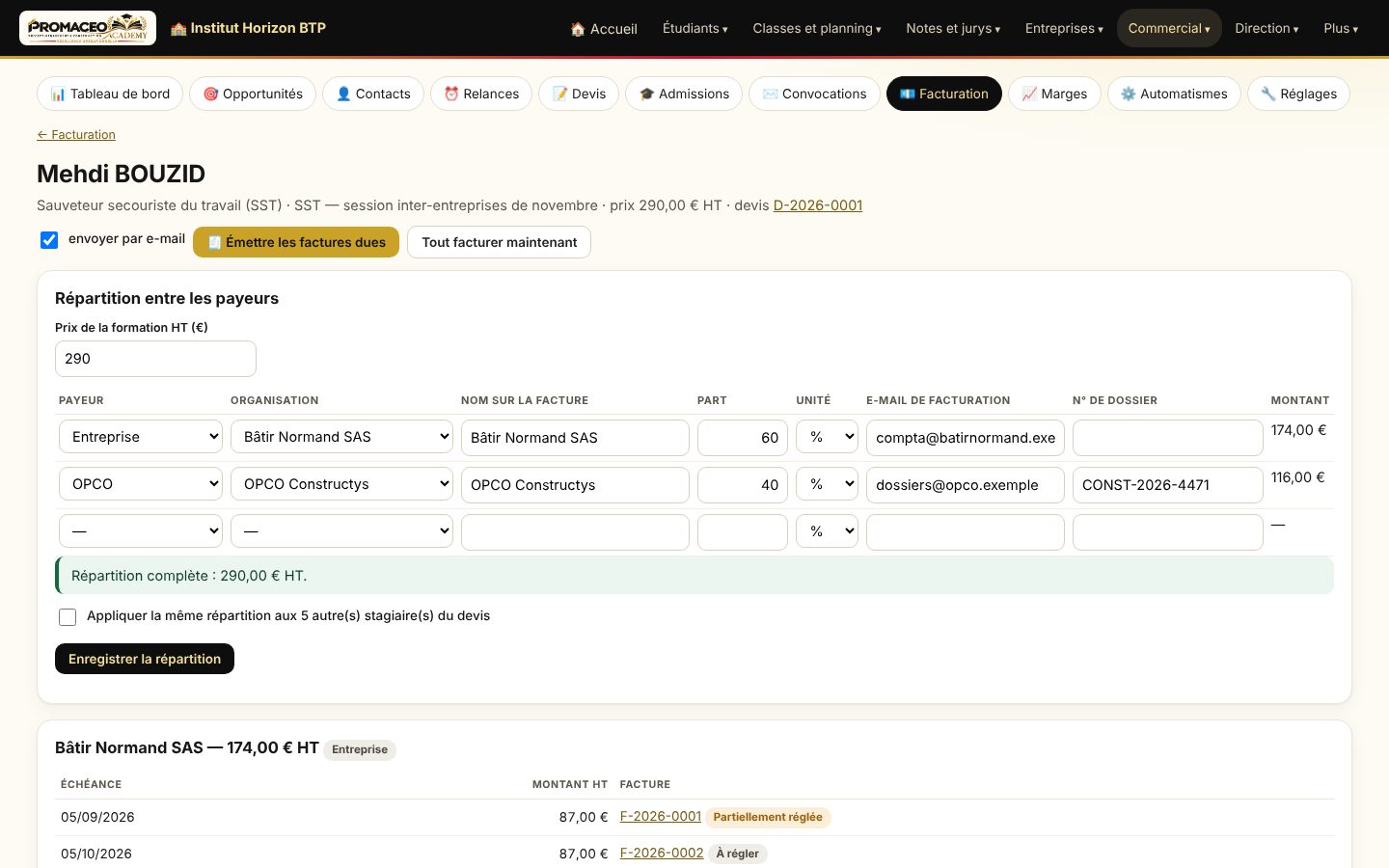 Capture d'écran : Facturez chaque financeur