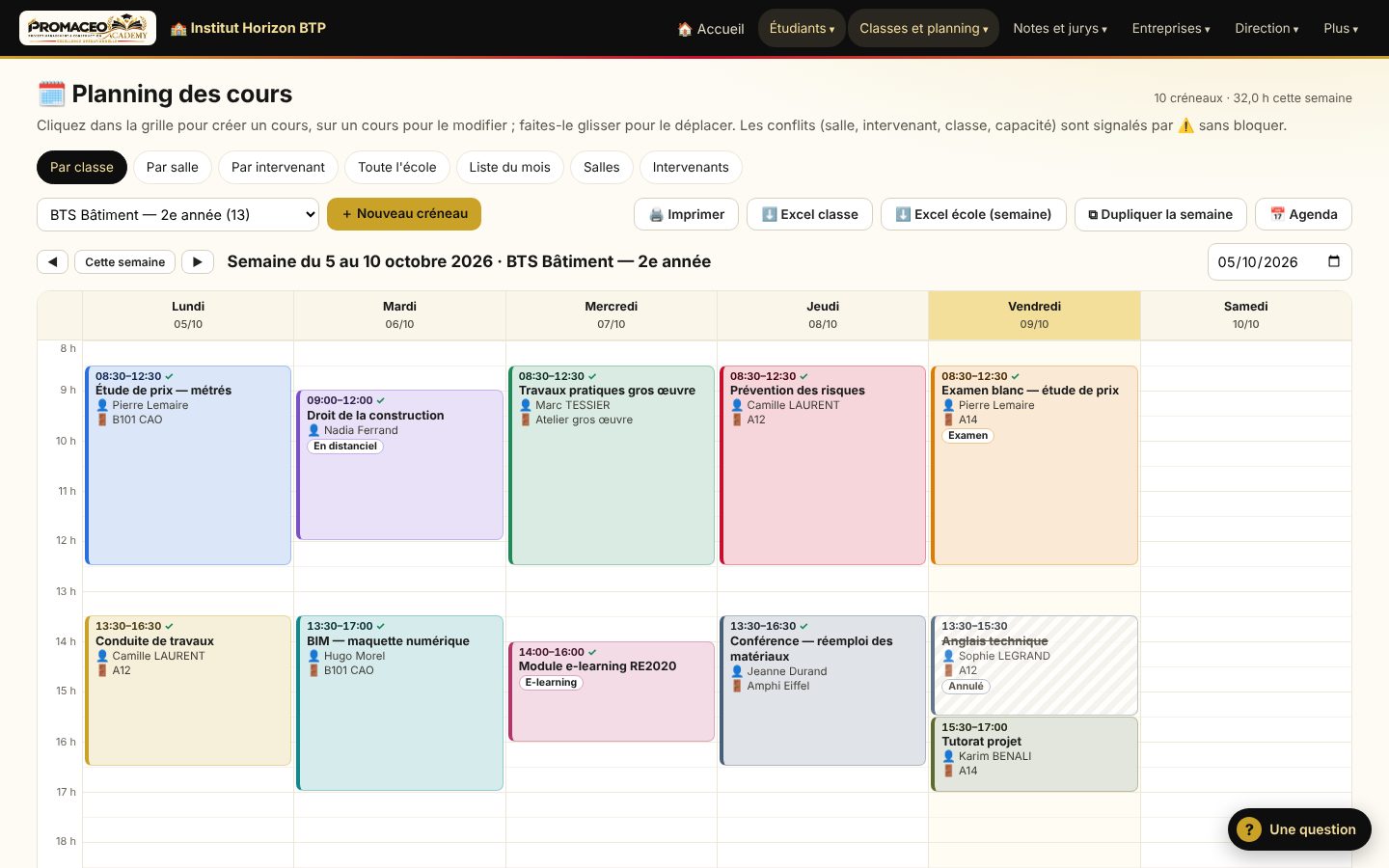 Capture d'écran : Planning et salles
