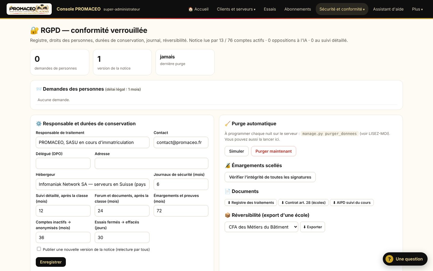 Capture : console RGPD de la plateforme